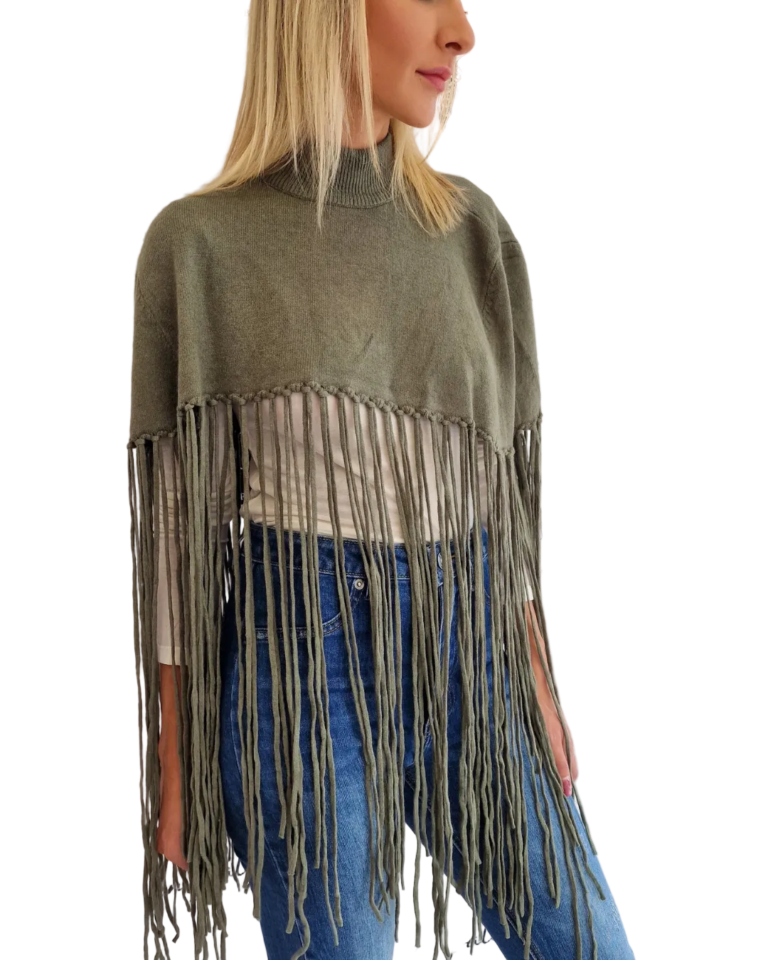 PONCHO VERDE CON FRANGE in paleTTe. abbigliamento