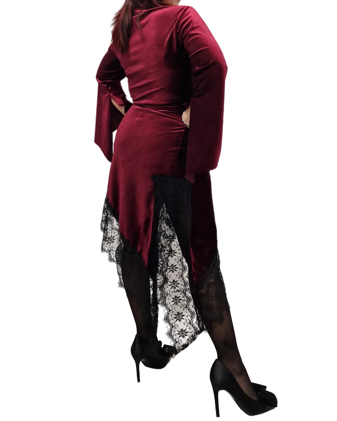 ABITO ASIMMETRICO IN VELLUTO CON PIZZO - bordeaux in paleTTe. abbigliamento