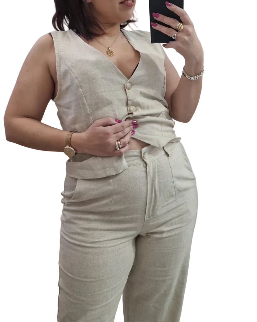 COMPLETO GILET E PANTALONE BEIGE - TESSUTO MISTO LINO in paleTTe. abbigliamento