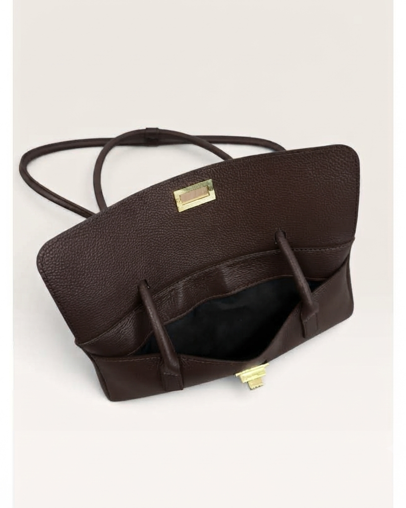 Borsa a Spalla in Vera Pelle Martellata Marrone | Elegante Shoulder Bag con Dettagli Oro in paleTTe. abbigliamento