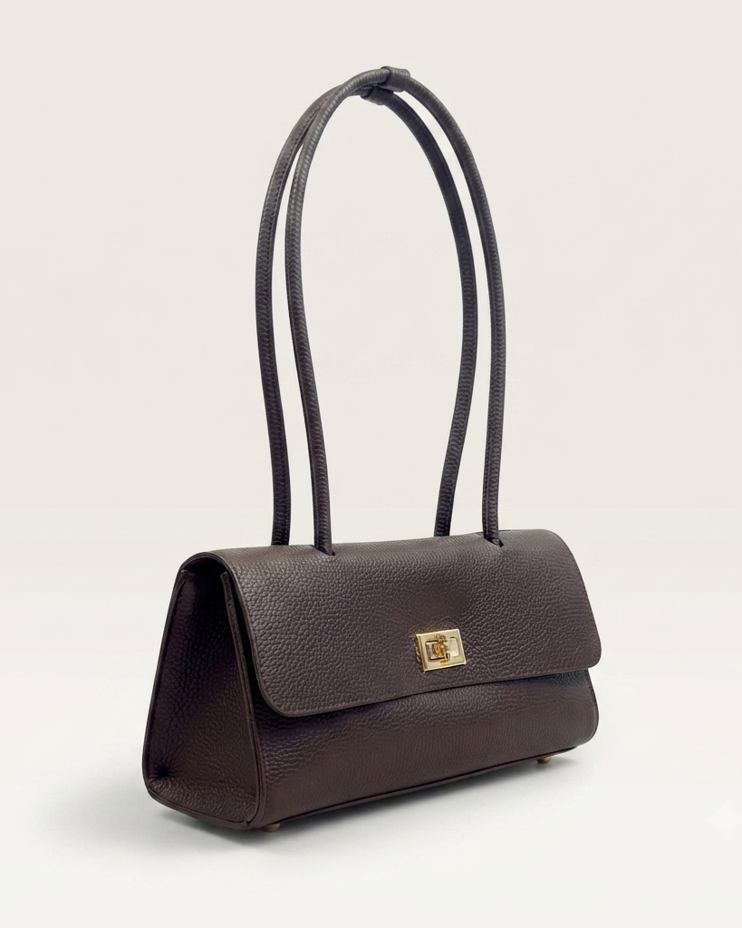 Borsa a Spalla in Vera Pelle Martellata Marrone | Elegante Shoulder Bag con Dettagli Oro in paleTTe. abbigliamento