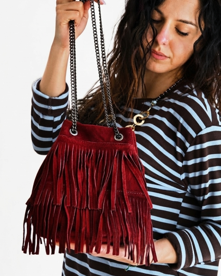 BORSA CON FRANGE - VERA PELLE SCAMOSCIATA in paleTTe. abbigliamento