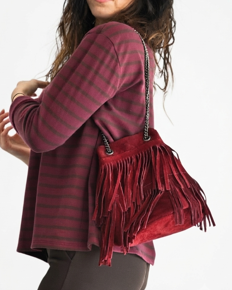 BORSA CON FRANGE - VERA PELLE SCAMOSCIATA in paleTTe. abbigliamento