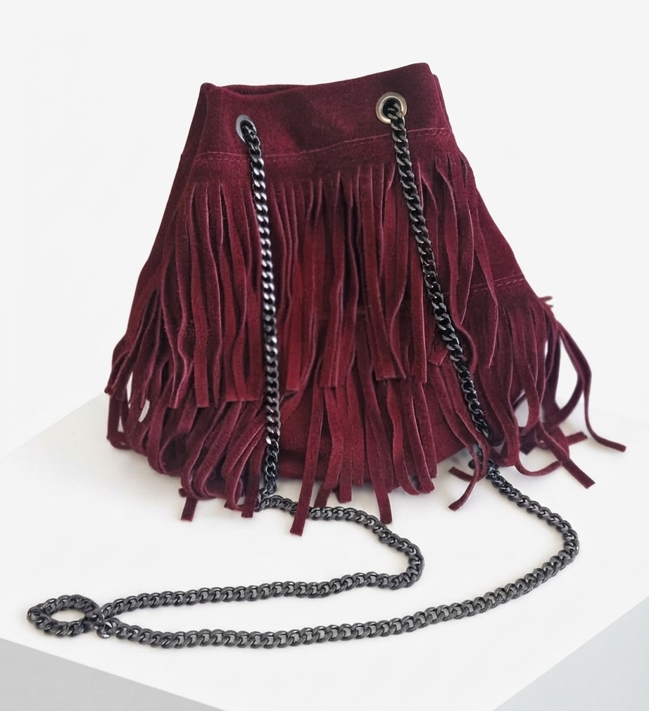 BORSA CON FRANGE - VERA PELLE SCAMOSCIATA in paleTTe. abbigliamento