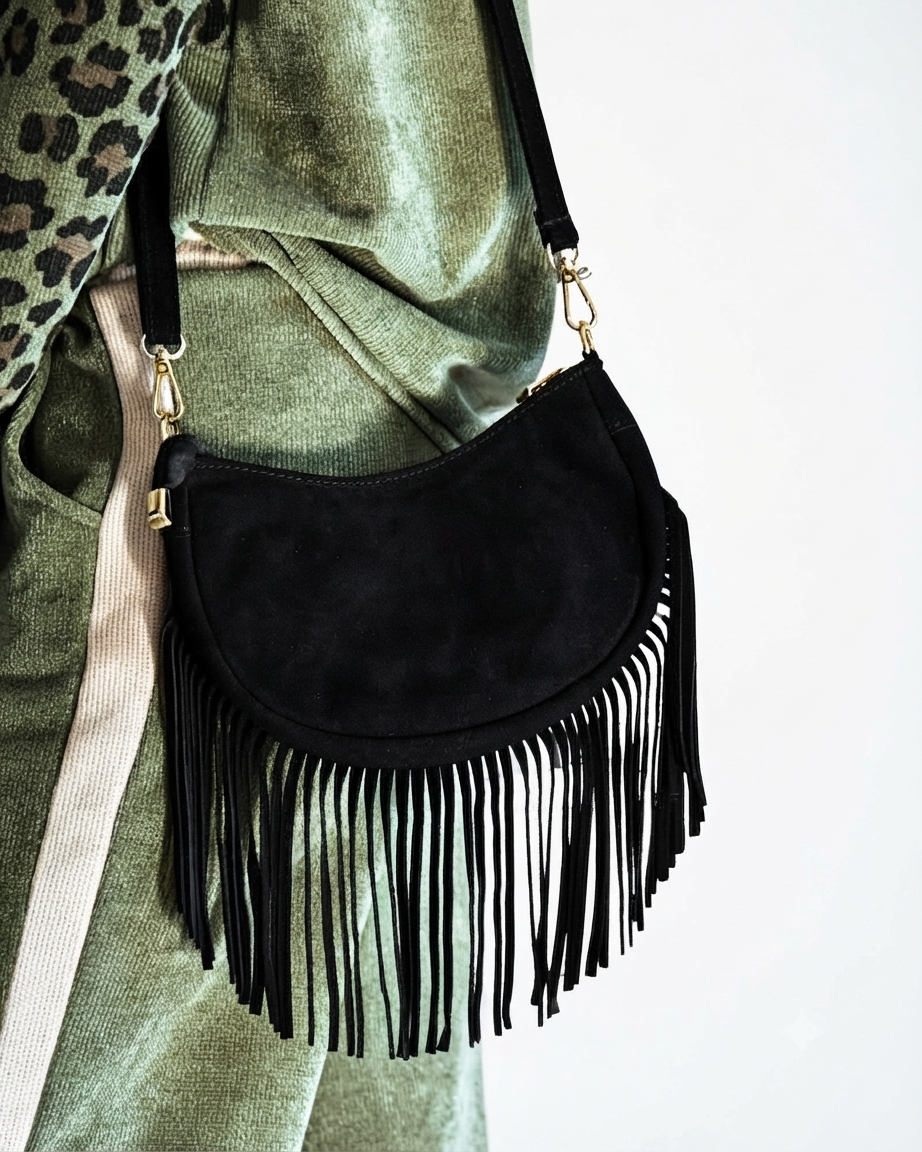 BORSA MEZZALUNA CON FRANGE - VERA PELLE SCAMOSCIATA "nera" in paleTTe. abbigliamento
