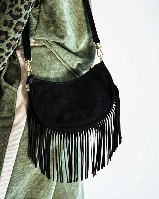 BORSA MEZZALUNA CON FRANGE - VERA PELLE SCAMOSCIATA "nera" in paleTTe. abbigliamento
