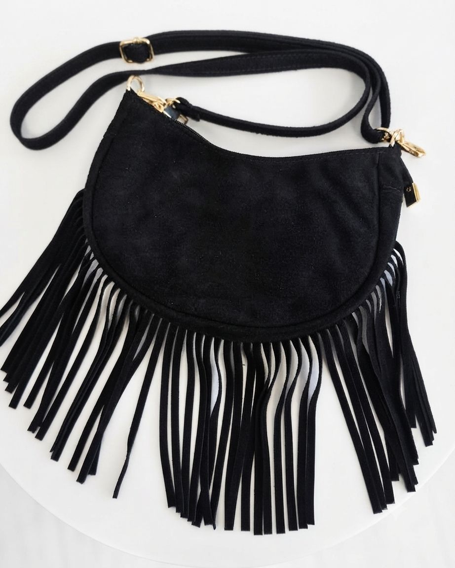BORSA MEZZALUNA CON FRANGE - VERA PELLE SCAMOSCIATA "nera" in paleTTe. abbigliamento