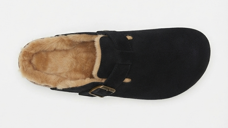 Zoccoli Donna in Camoscio Nero con Interno in Pelliccia Ecologica | Comode Ciabatte Flat con Fibbia in paleTTe. abbigliamento