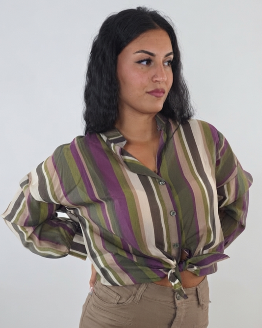 Camicia collo coreana a righe - verde in paleTTe. abbigliamento