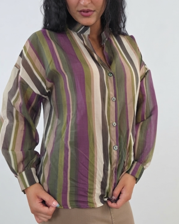 Camicia collo coreana a righe - verde in paleTTe. abbigliamento