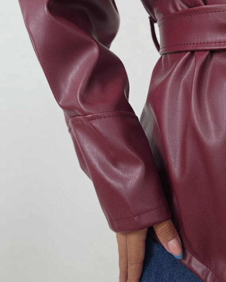 Giacca in ecopelle con cintura| Capospalla Donna bordeaux in paleTTe. abbigliamento