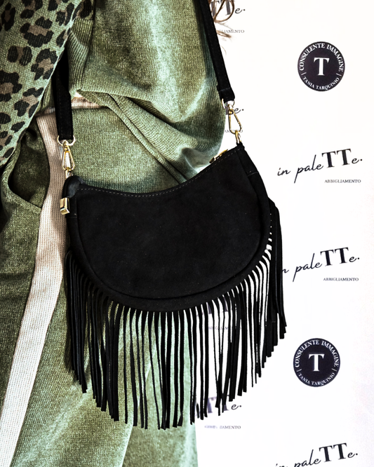 BORSA LUNA FRANGE NERA in paleTTe. abbigliamento