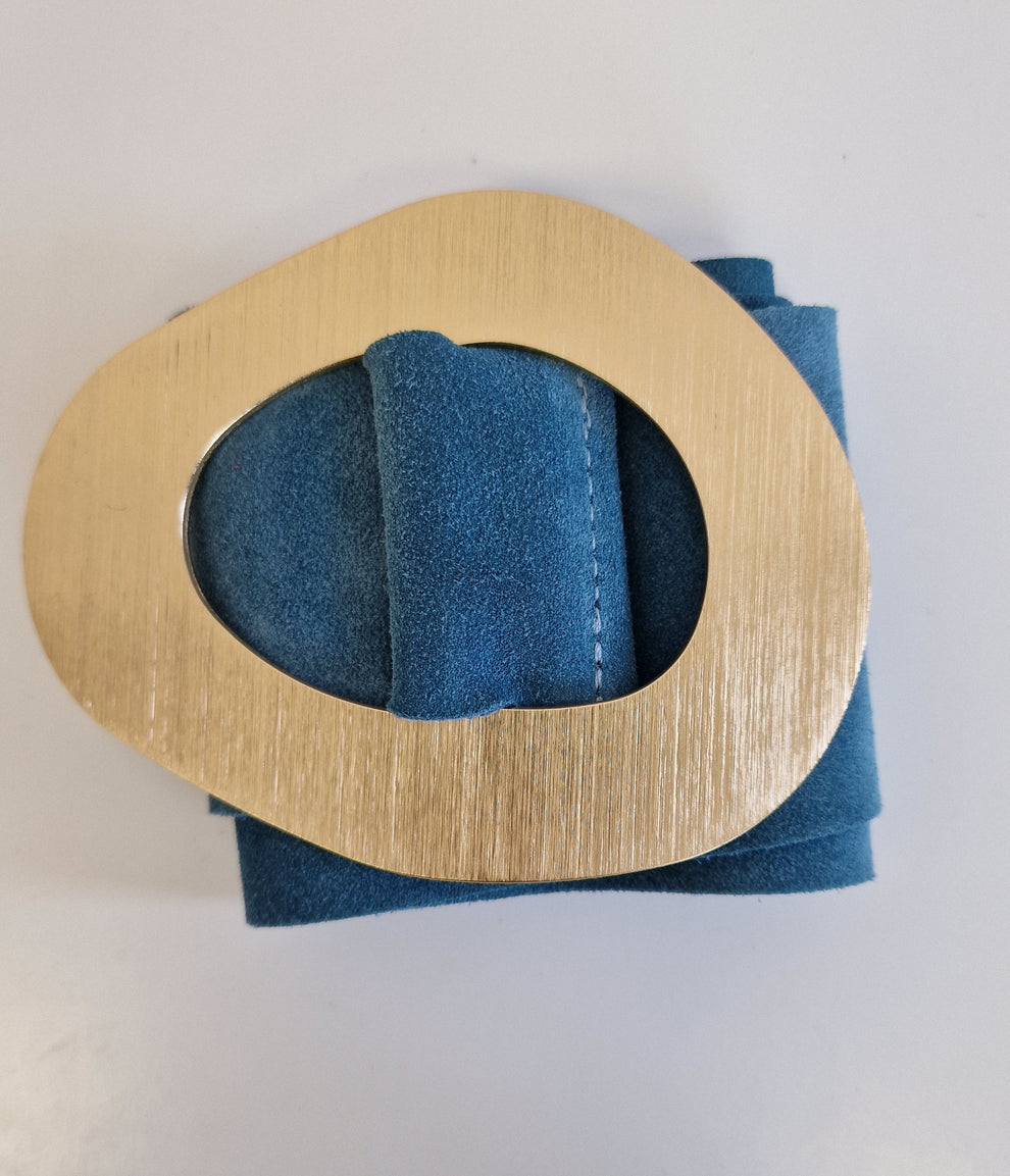 CINTURA ALTA IN SUEDE - con Fibbia ovale Oro - blu petrolio in paleTTe. abbigliamento