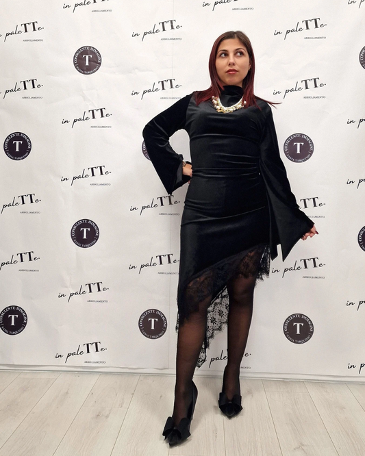 ABITO ASIMMETRICO IN VELLUTO CON PIZZO -nero in paleTTe. abbigliamento