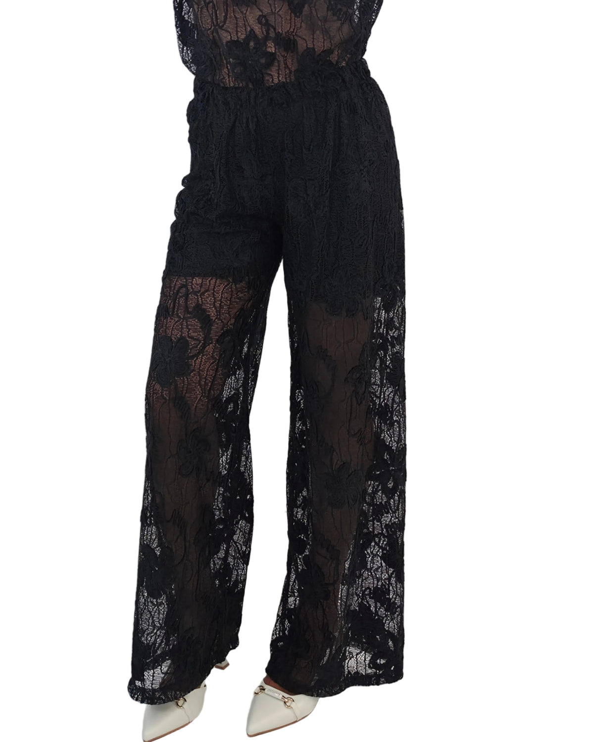 Pantaloni palazzo in tulle pizzo velluto- nero in paleTTe. abbigliamento