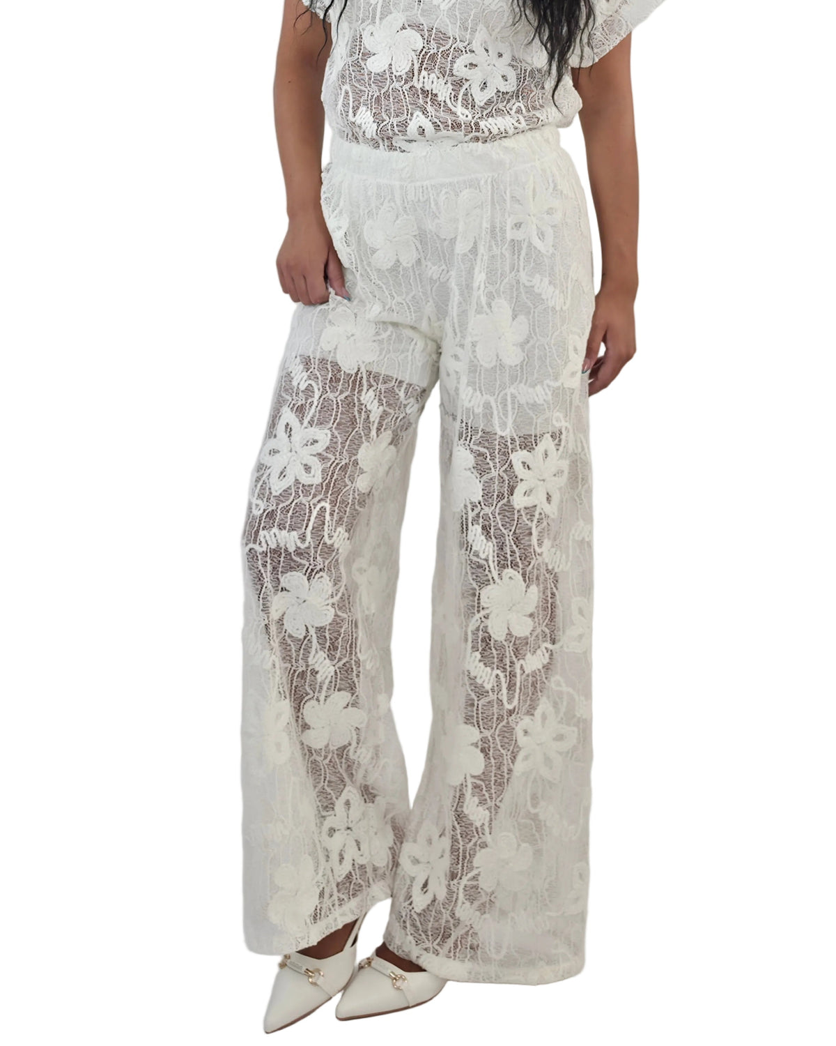Pantaloni palazzo in tulle pizzo velluto - bianco in paleTTe. abbigliamento