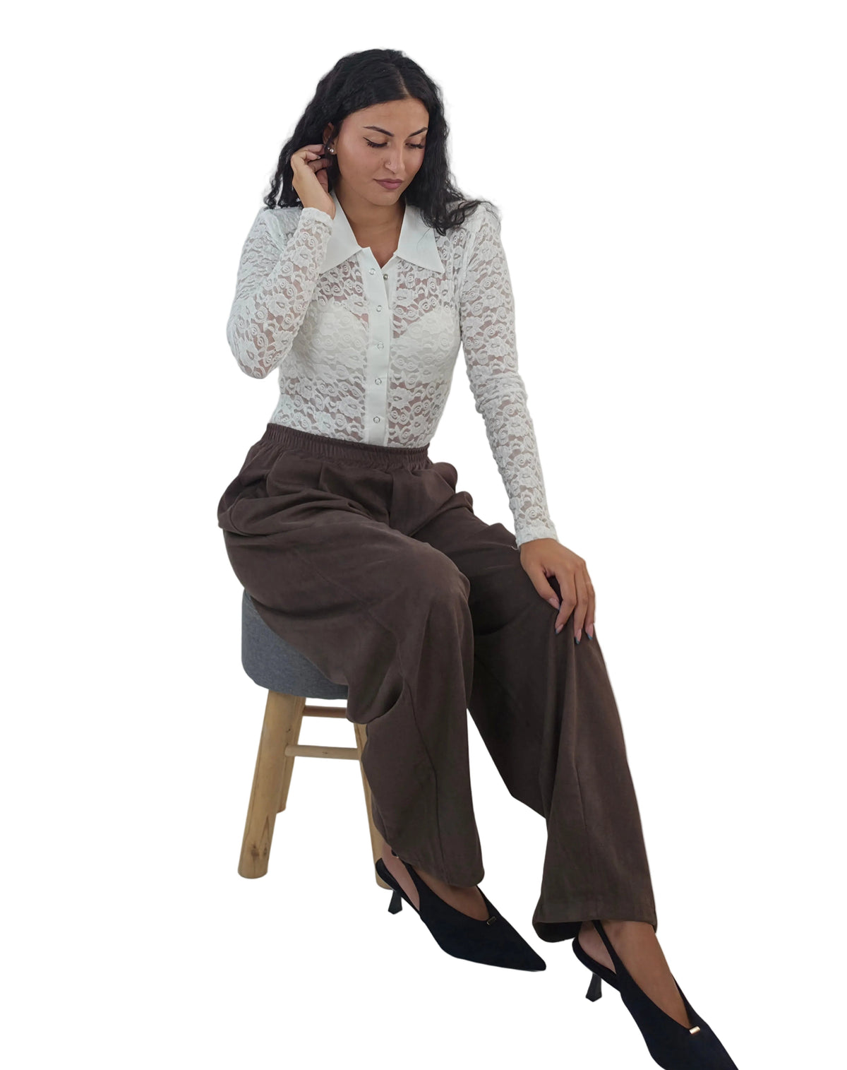 Pantaloni  Effetto Scamosciato con Elastico in Vita- marrone in paleTTe. abbigliamento