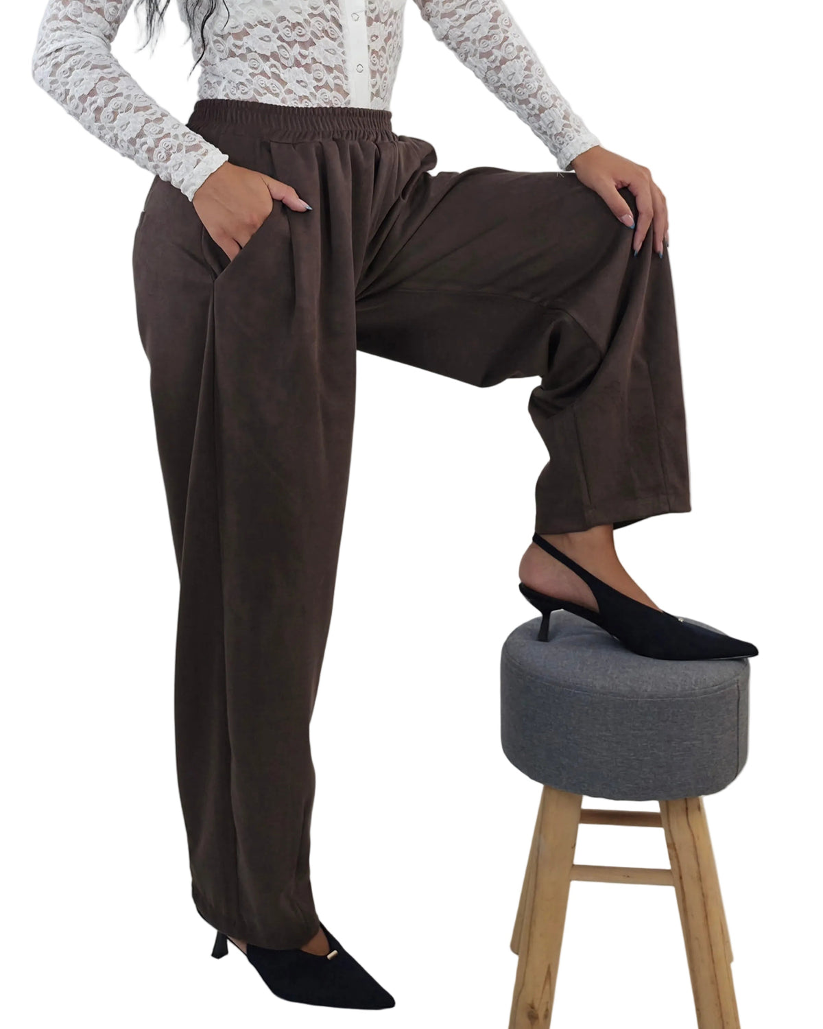 Pantaloni  Effetto Scamosciato con Elastico in Vita- marrone in paleTTe. abbigliamento