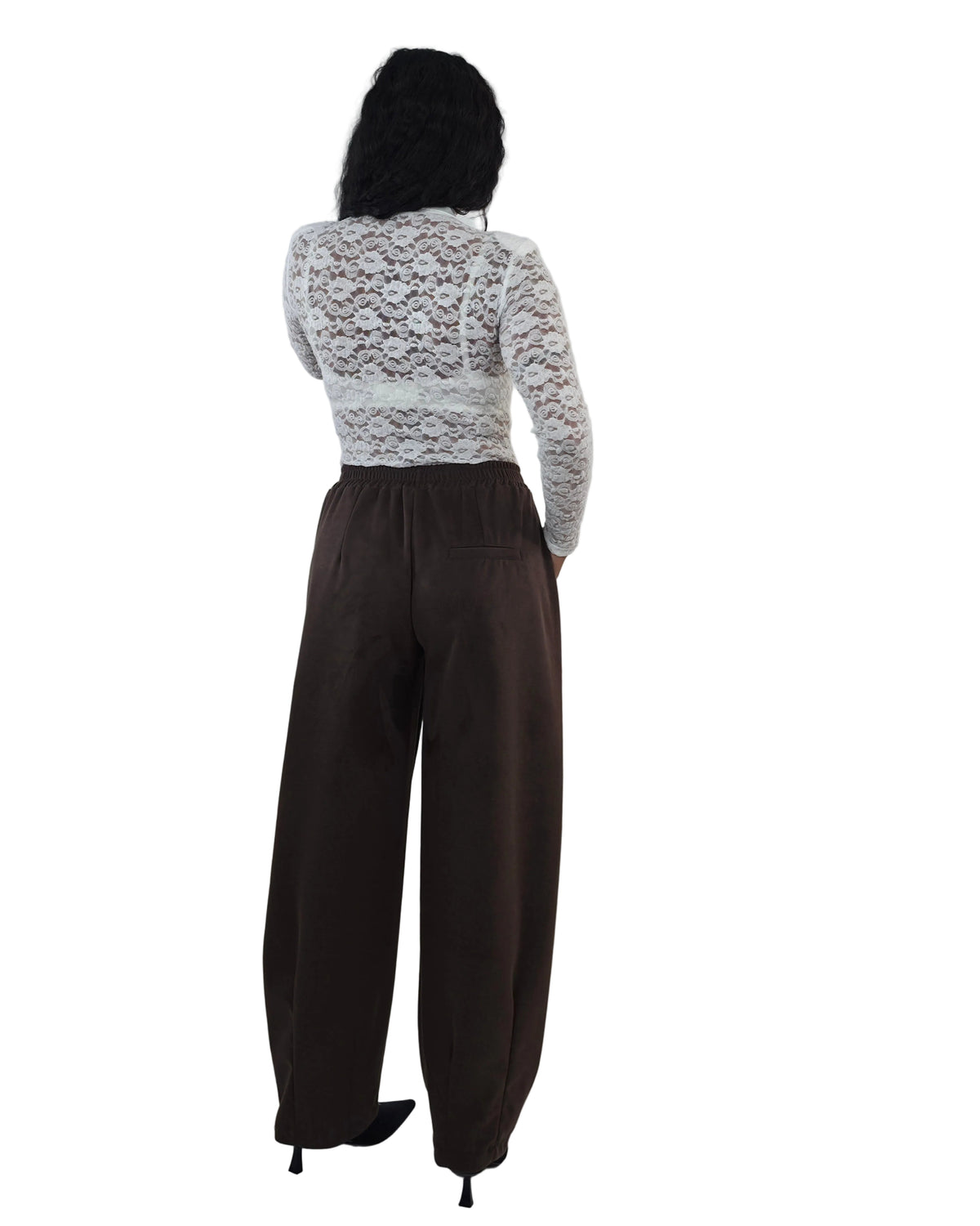 Pantaloni  Effetto Scamosciato con Elastico in Vita- marrone in paleTTe. abbigliamento