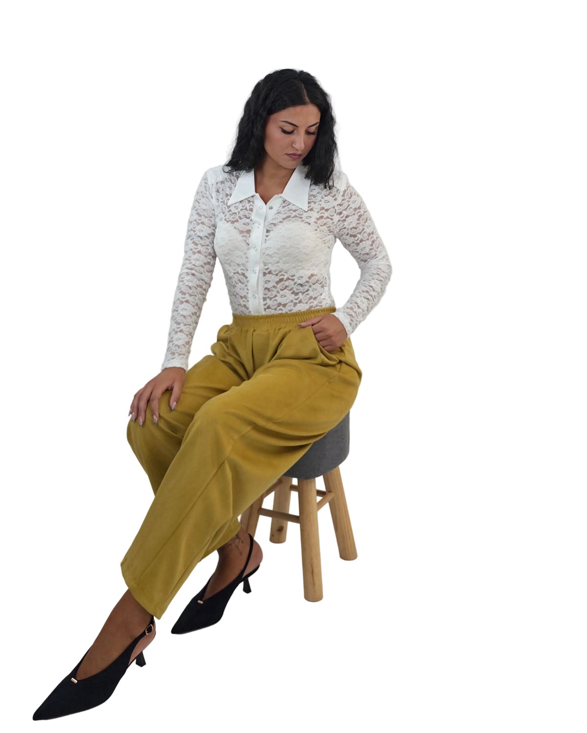 Pantaloni Effetto Scamosciato con Elastico in Vita- giallo senape in paleTTe. abbigliamento