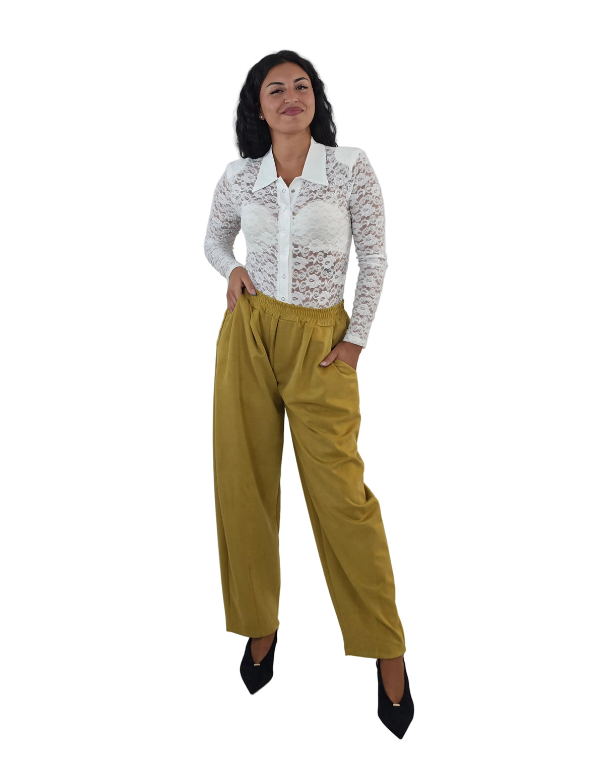 Pantaloni Effetto Scamosciato con Elastico in Vita- giallo senape in paleTTe. abbigliamento