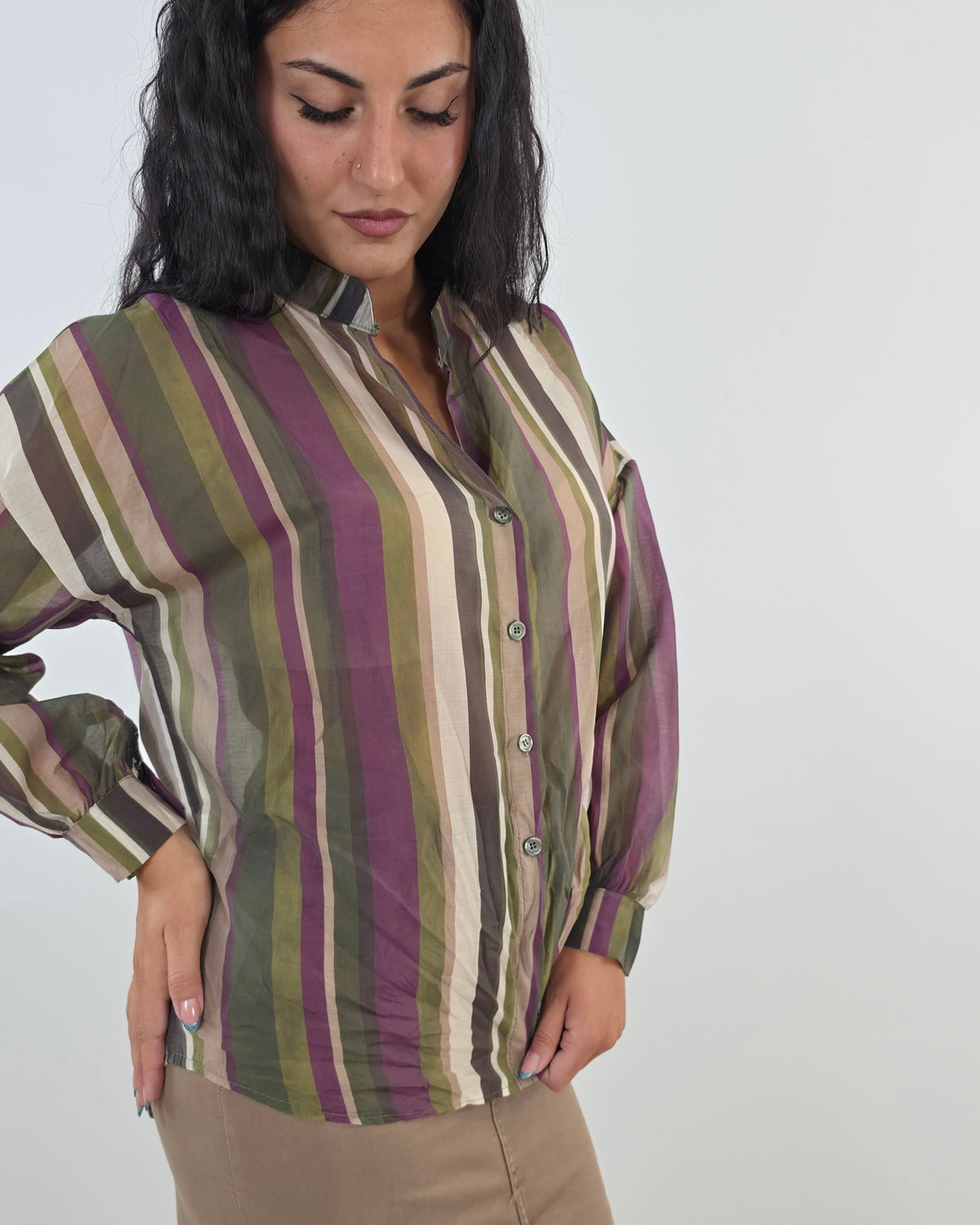 Camicia collo coreana a righe - verde in paleTTe. abbigliamento
