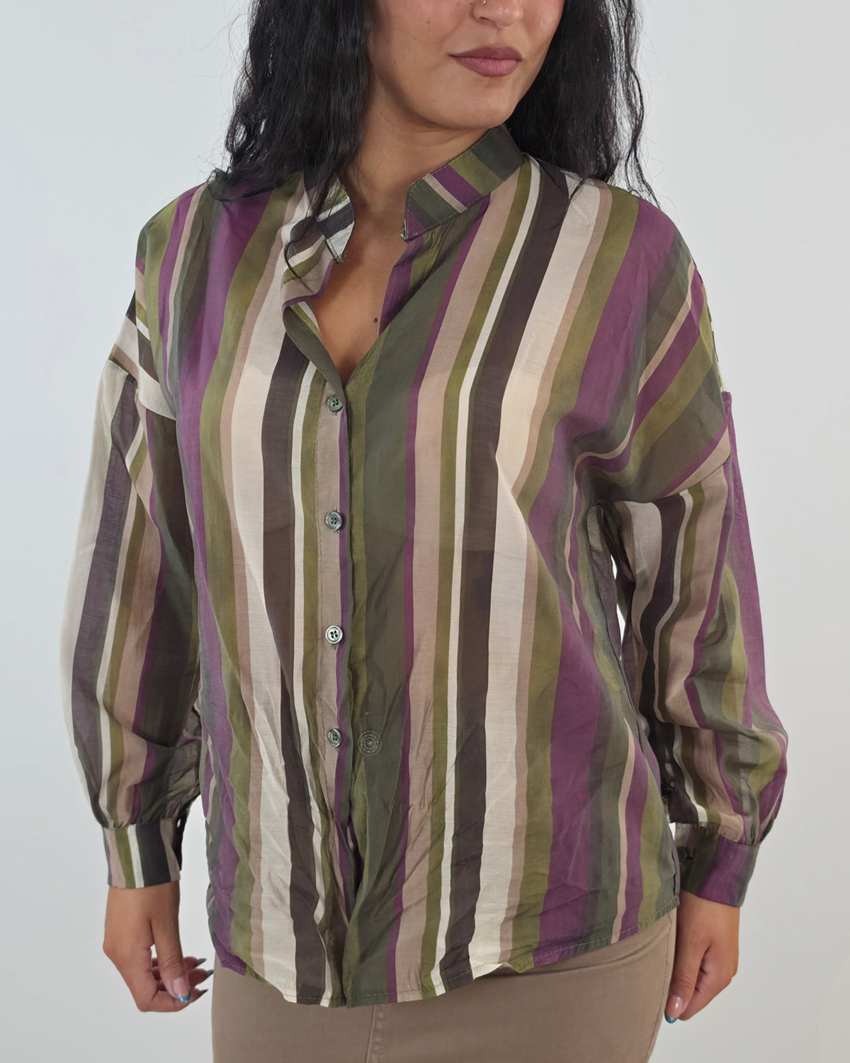 Camicia collo coreana a righe - verde in paleTTe. abbigliamento