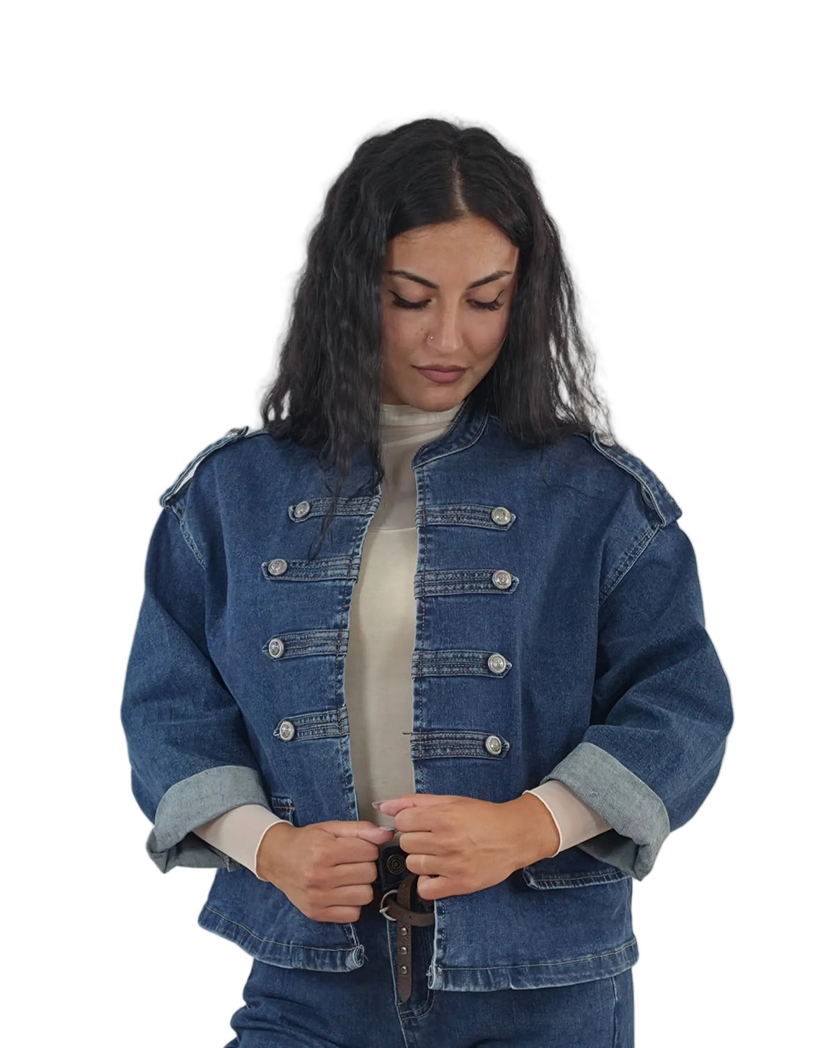 Giacca Corta in Jeans con Bottoni Gioiello e Collo Coreana – in paleTTe. abbigliamento