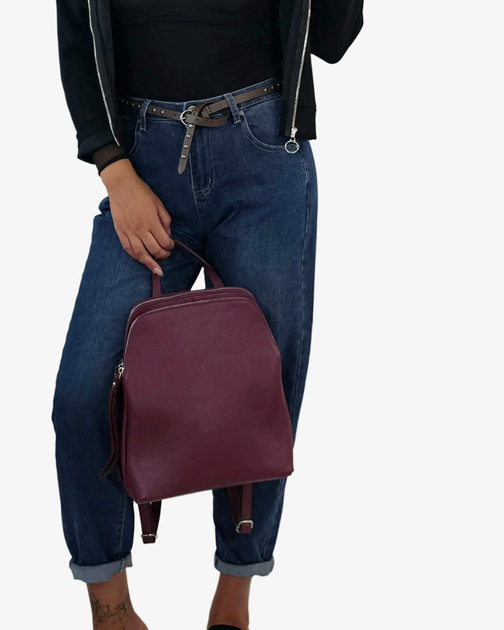 Zaino in Vera Pelle Martellata Bordeaux |  Doppia Tasca con Zip in paleTTe. abbigliamento