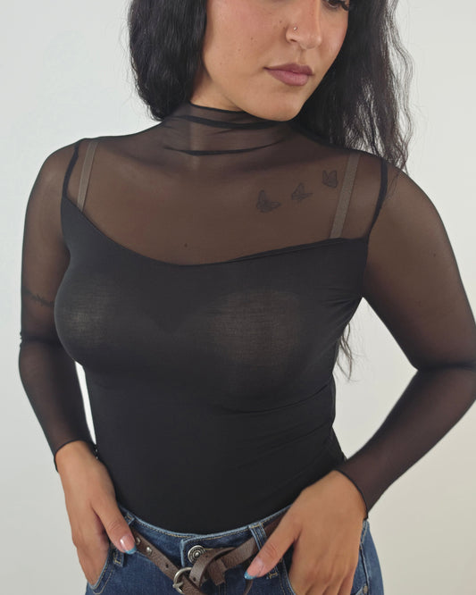 Maglia manica lunga in tulle trasparente - nero in paleTTe. abbigliamento