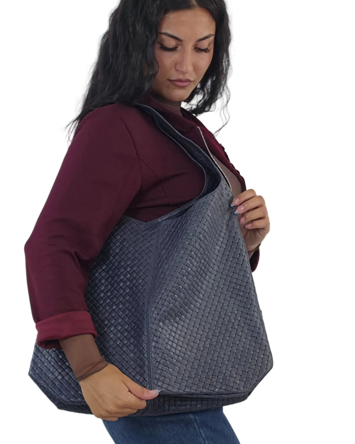 Borsa a Spalla Intrecciata Blu Navy | Vera Pelle in paleTTe. abbigliamento
