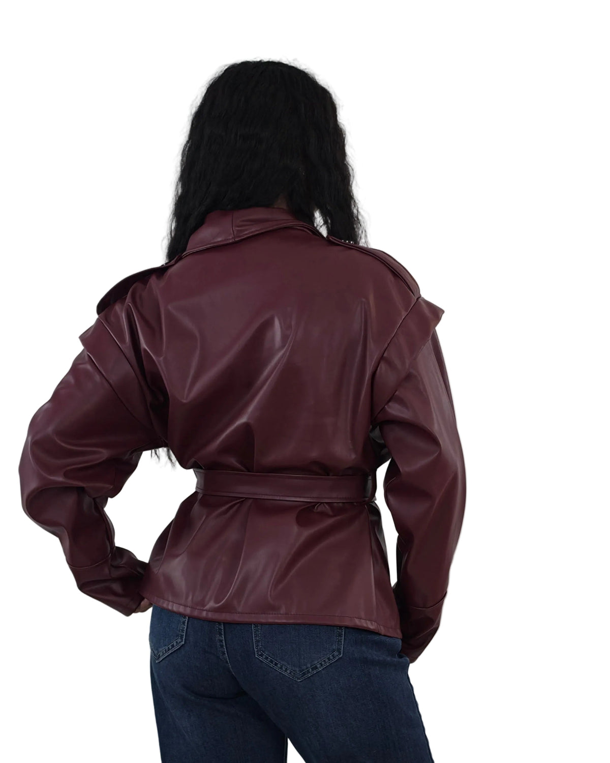 Giacca in ecopelle con cintura| Capospalla Donna bordeaux in paleTTe. abbigliamento