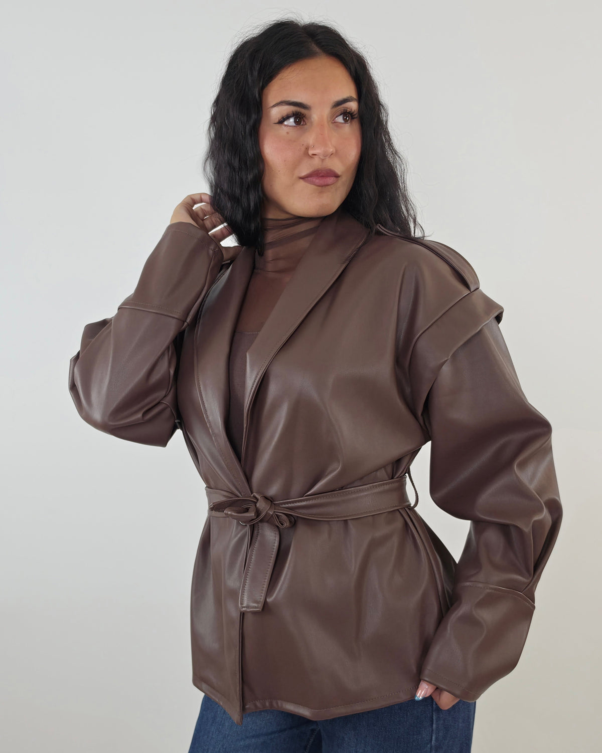 Giacca in ecopelle con cintura Capospalla Donna marrone in paleTTe. abbigliamento