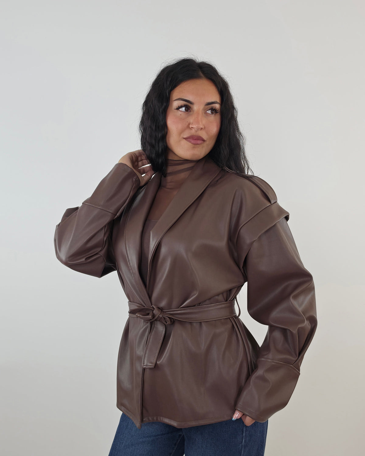 Giacca in ecopelle con cintura Capospalla Donna marrone in paleTTe. abbigliamento