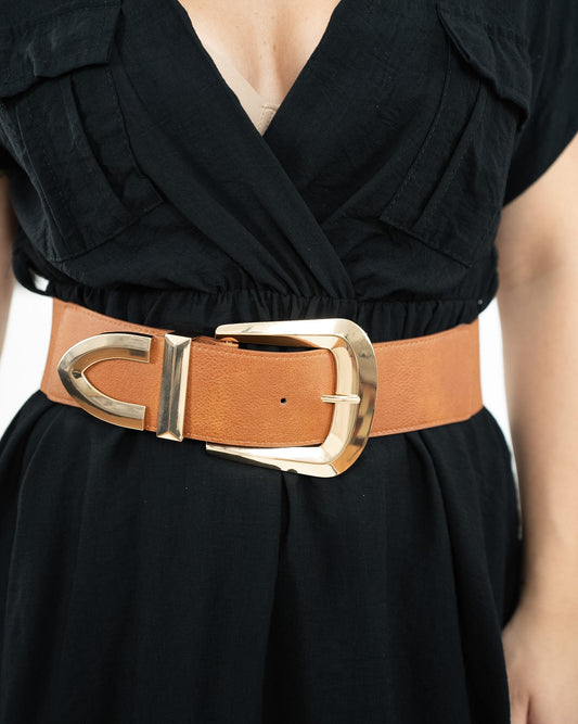 CINTURA ELASTICA ALTA - Color Cuoio con Fibbia Oro in paleTTe. abbigliamento