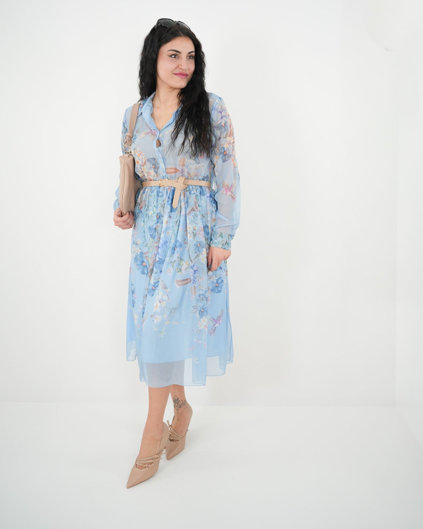 ABITO MIDI FLOREALE "Amanda" AZZURRO in paleTTe. abbigliamento