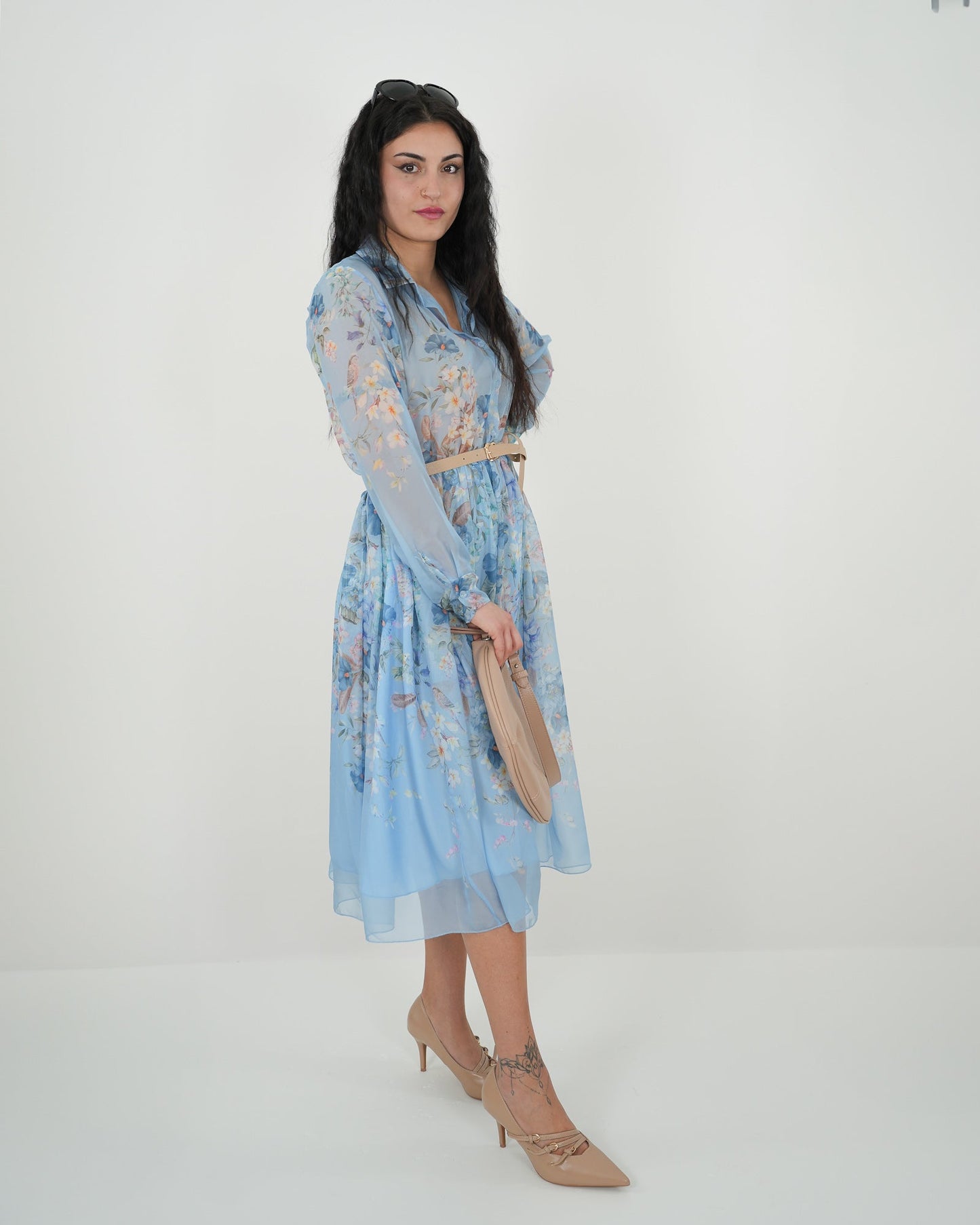 ABITO MIDI FLOREALE "Amanda" AZZURRO in paleTTe. abbigliamento