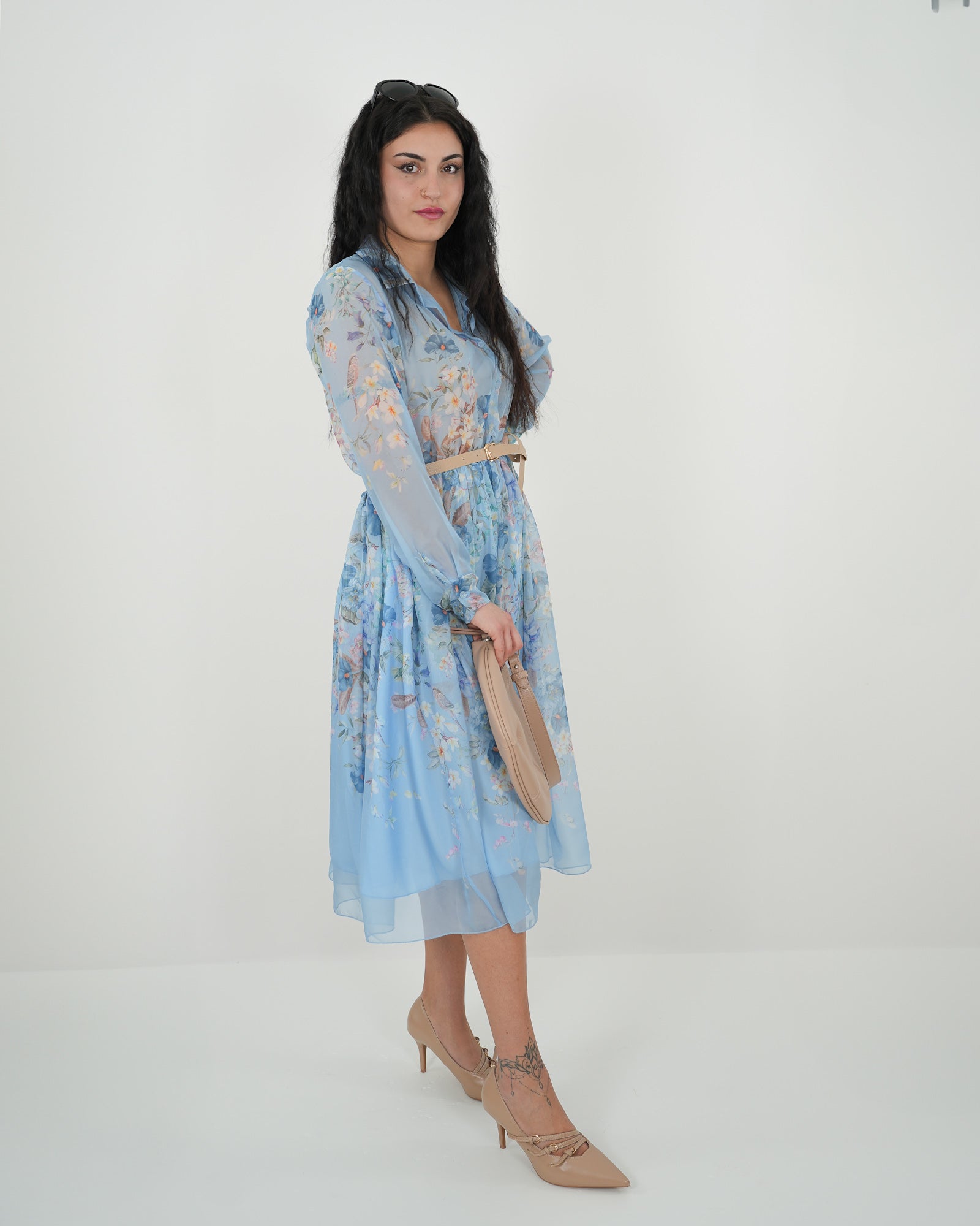 ABITO MIDI FLOREALE "Amanda" AZZURRO in paleTTe. abbigliamento