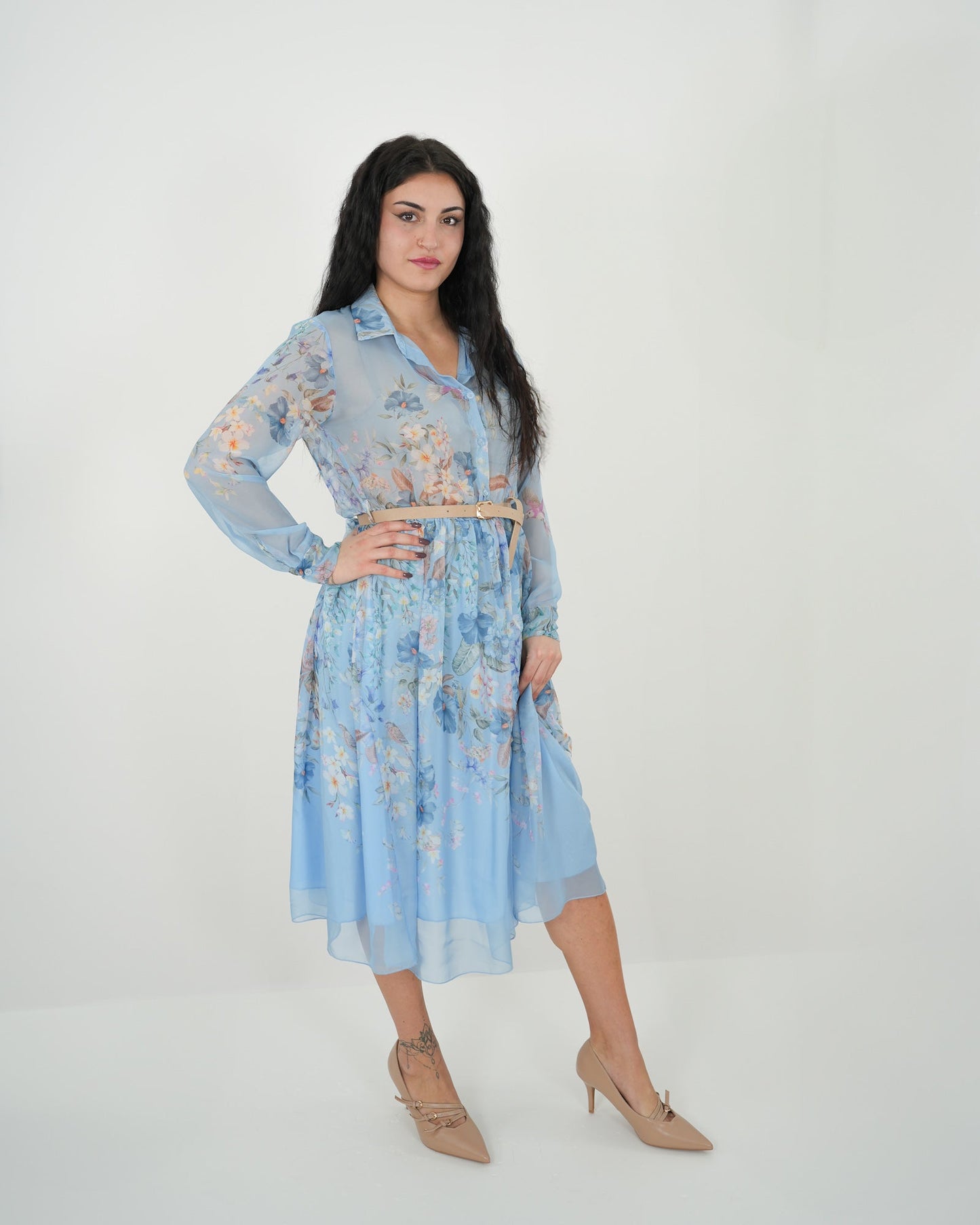 ABITO MIDI FLOREALE "Amanda" AZZURRO in paleTTe. abbigliamento