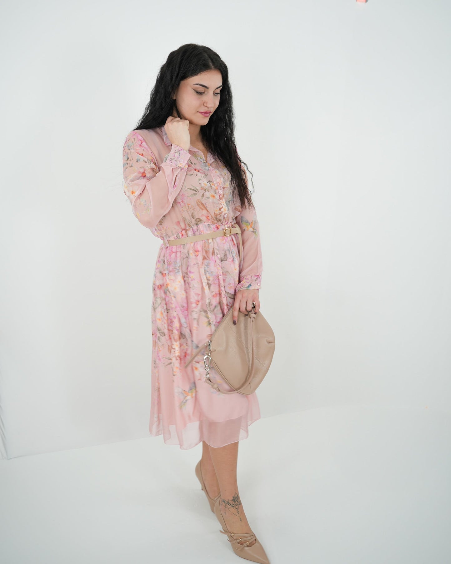 ABITO MIDI FLOREALE "Amanda" ROSA in paleTTe. abbigliamento
