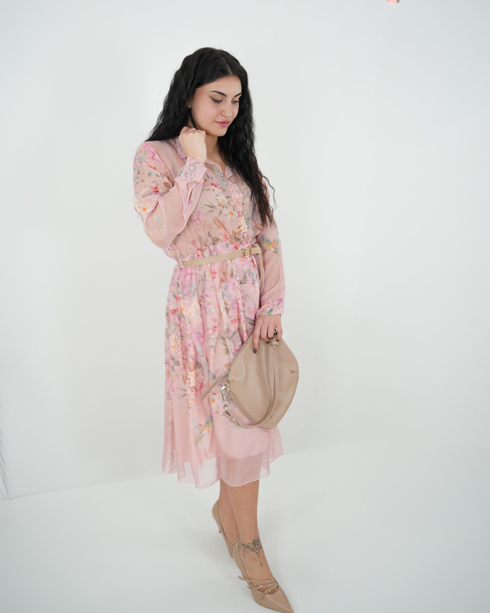 ABITO MIDI FLOREALE "Amanda" ROSA in paleTTe. abbigliamento