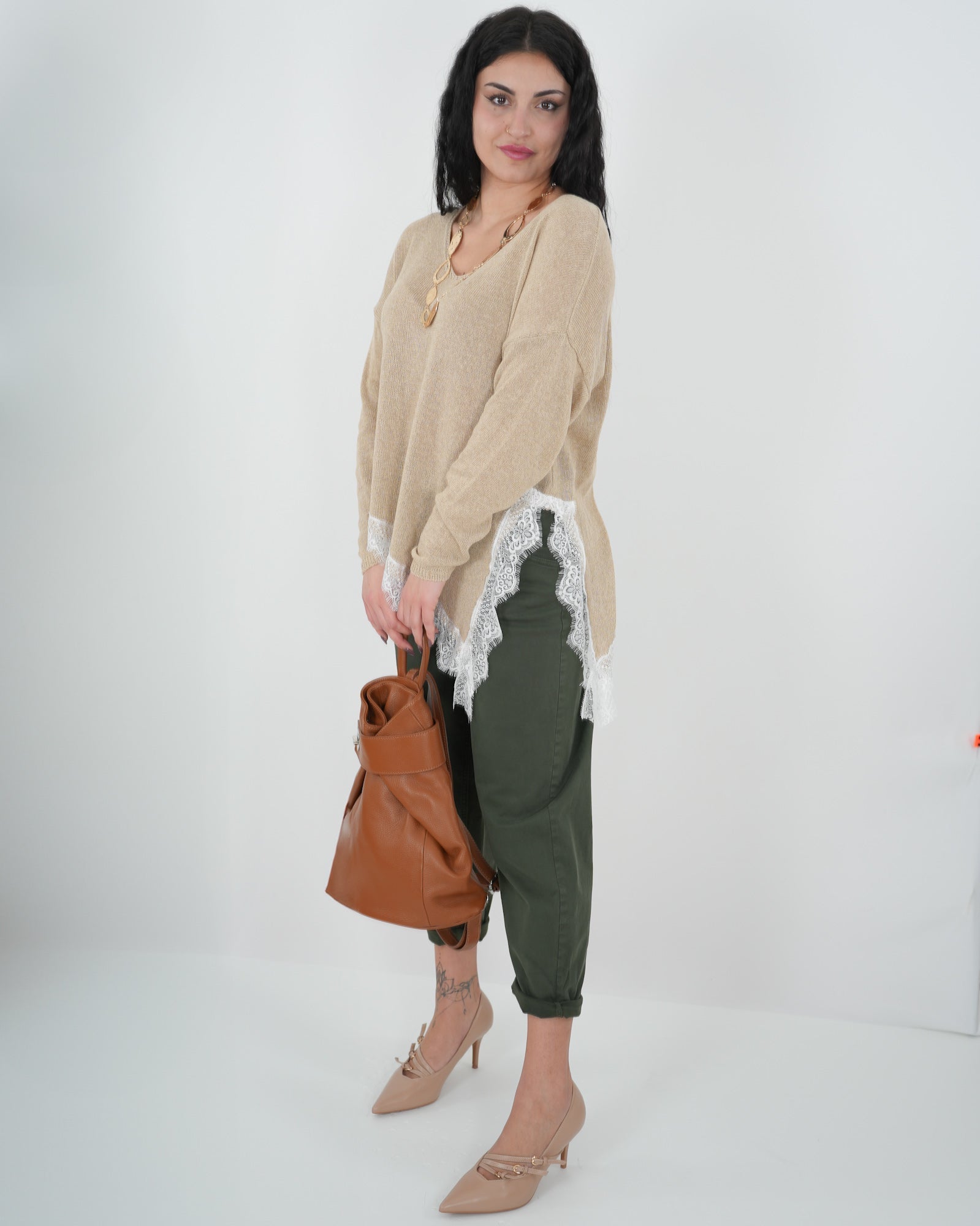 MAGLIA PIZZO "Enea" BEIGE in paleTTe. abbigliamento