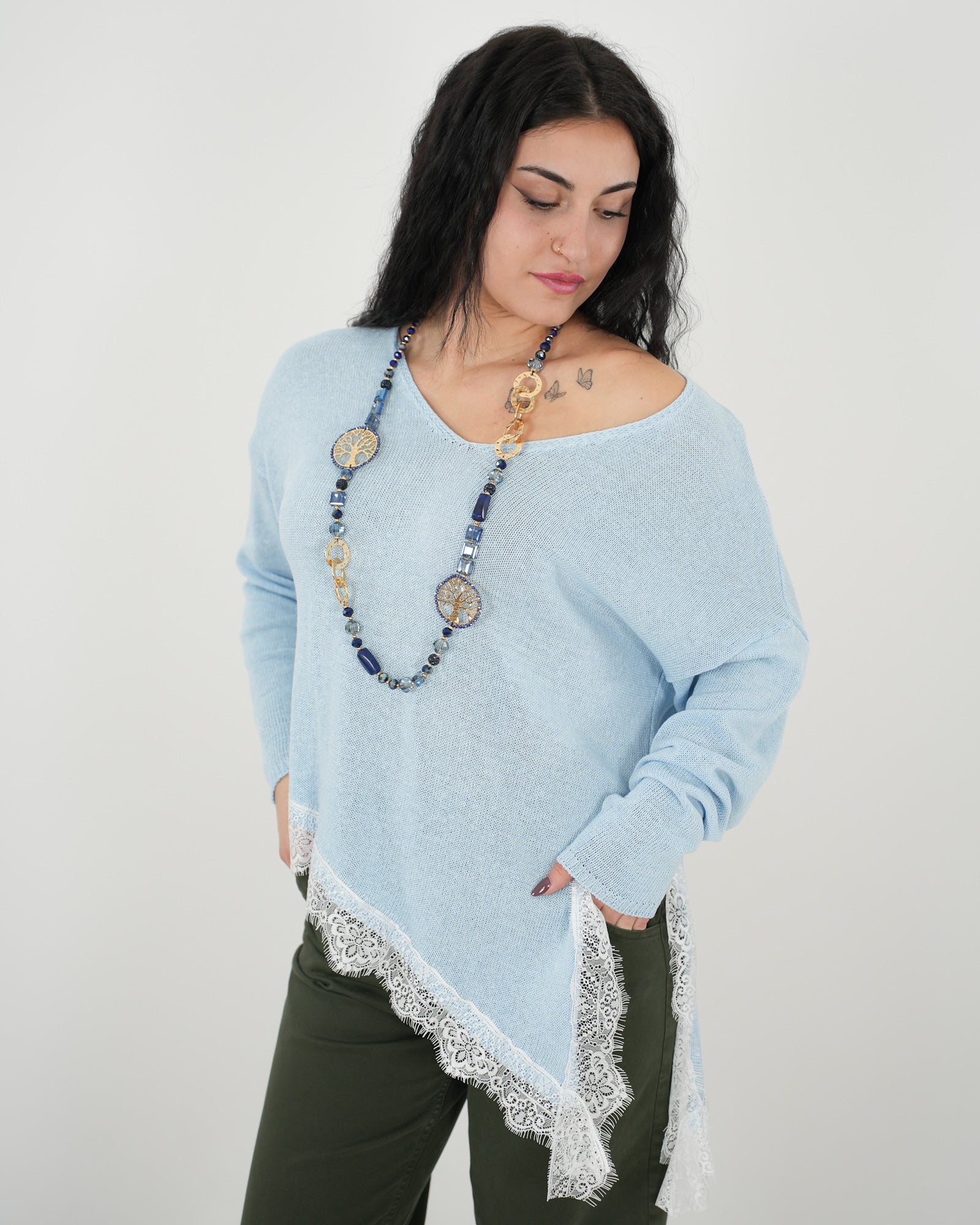 MAGLIA PIZZO "Enea" AZZURRA in paleTTe. abbigliamento