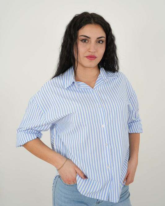 CAMICIA ASIMMETRICA A RIGHE "Daria" AZZURRA in paleTTe. abbigliamento