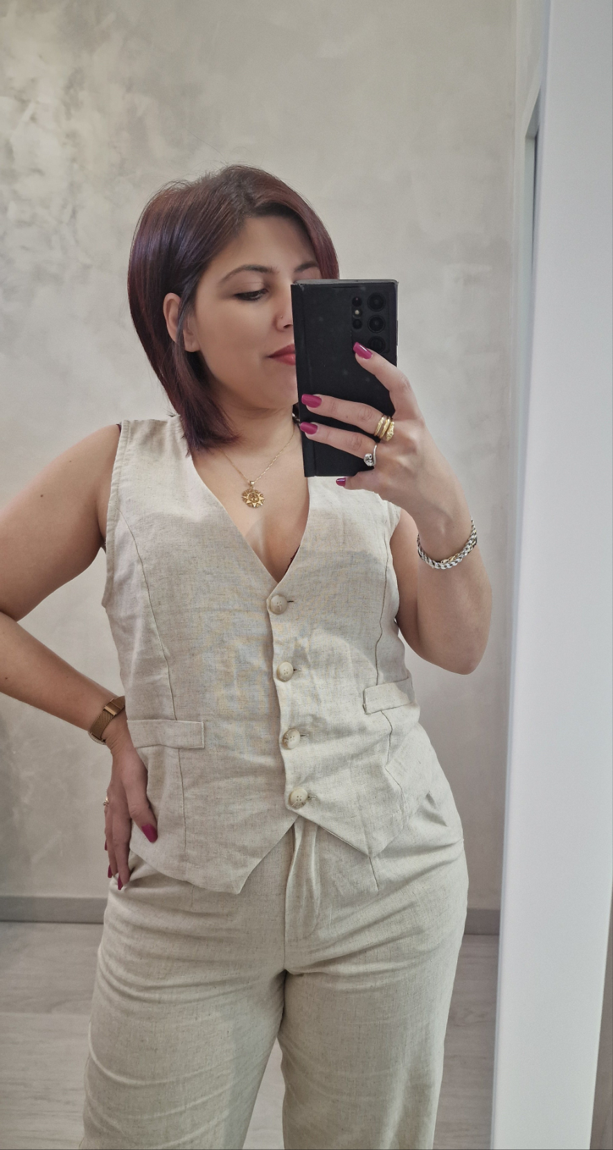 COMPLETO GILET E PANTALONE BEIGE - TESSUTO MISTO LINO