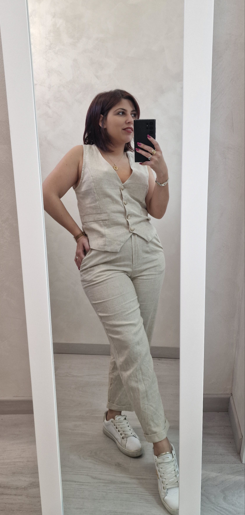 COMPLETO GILET E PANTALONE BEIGE - TESSUTO MISTO LINO