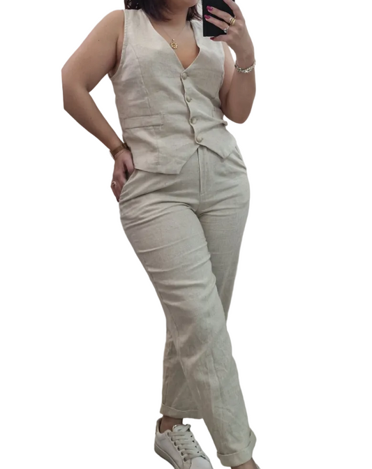 COMPLETO GILET E PANTALONE BEIGE - TESSUTO MISTO LINO in paleTTe. abbigliamento