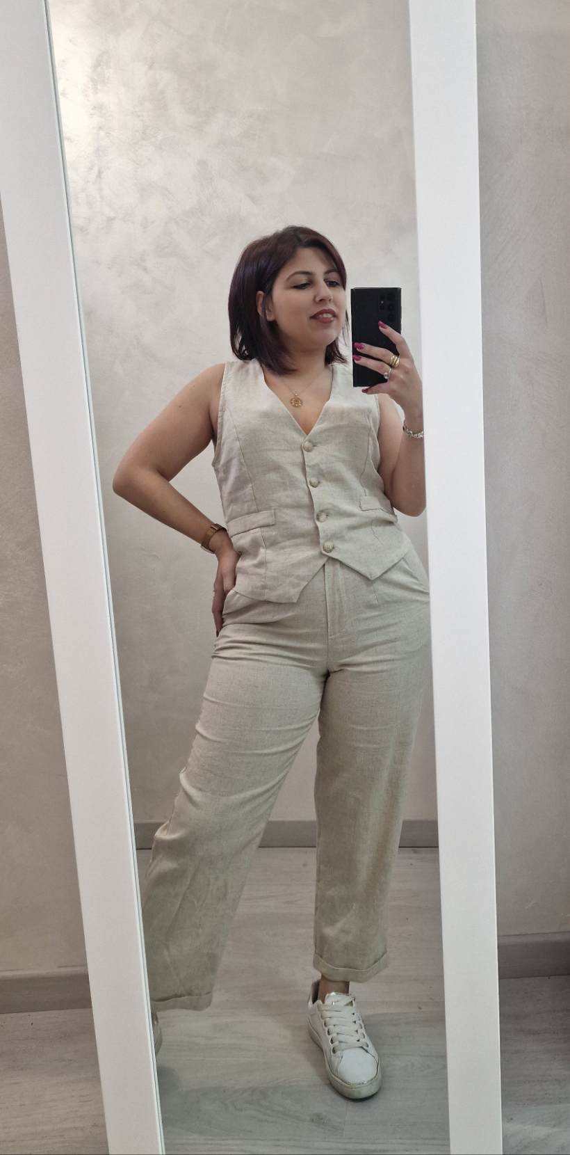 COMPLETO GILET E PANTALONE BEIGE - TESSUTO MISTO LINO