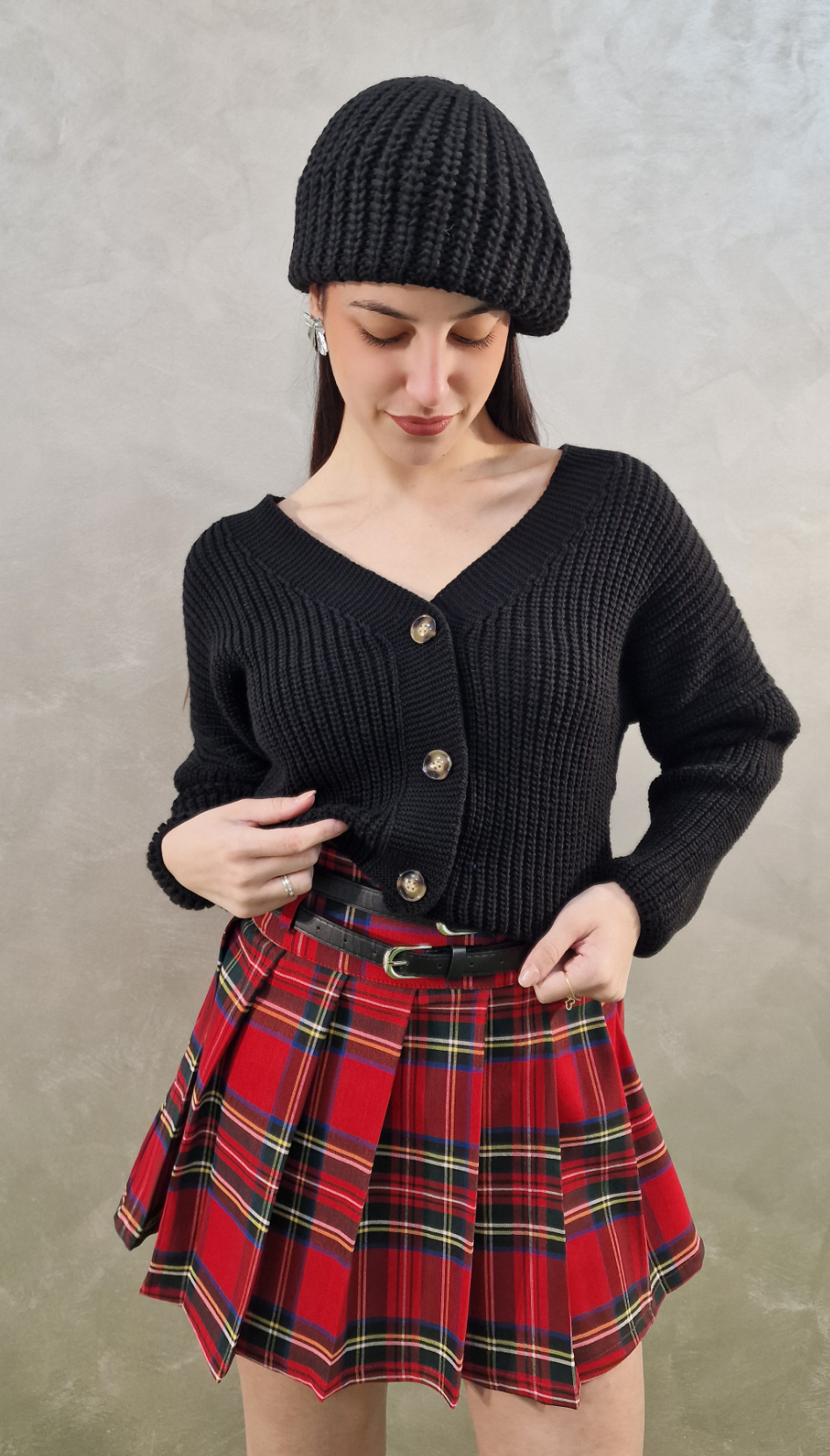 GONNA CORTA TARTAN CON DOPPIA CINTURA