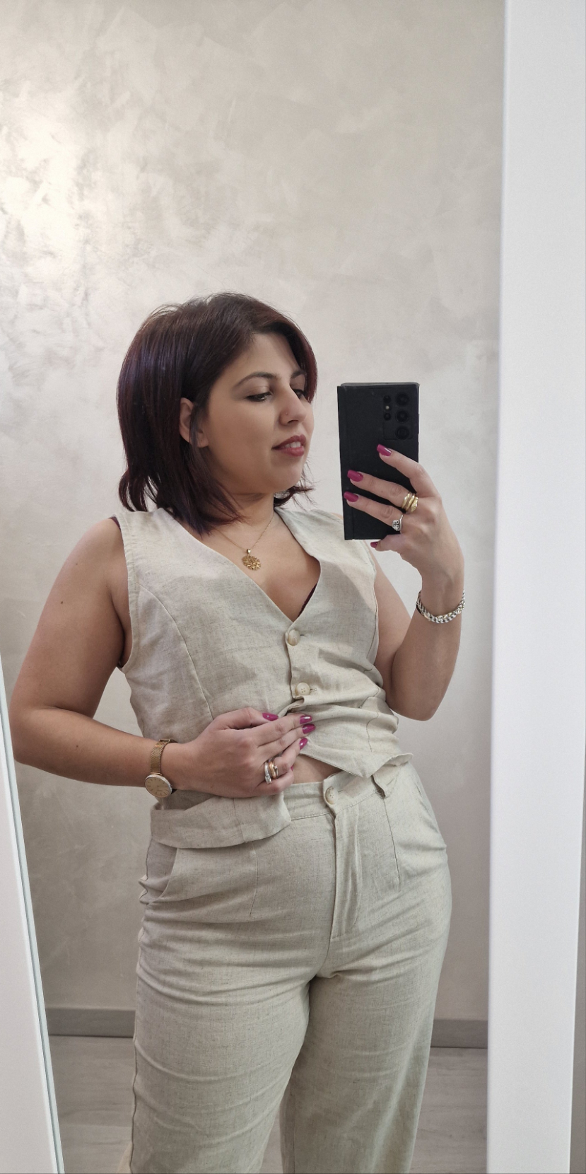 COMPLETO GILET E PANTALONE BEIGE - TESSUTO MISTO LINO